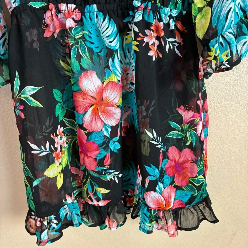 Tommy Bahama Size S Floral Black Ruffle Sheer Tunic‎ Dress Swim Coverup Vacation